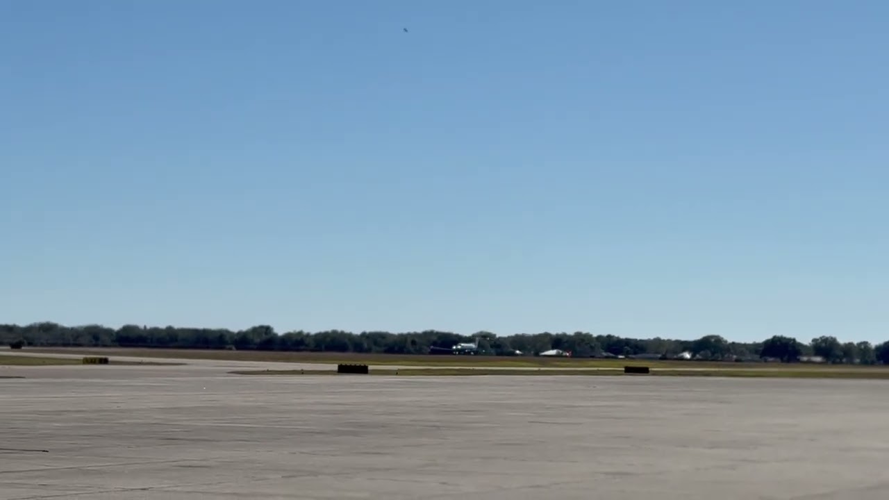 Big five blade propeller plane, taking off from Sebring regional airport