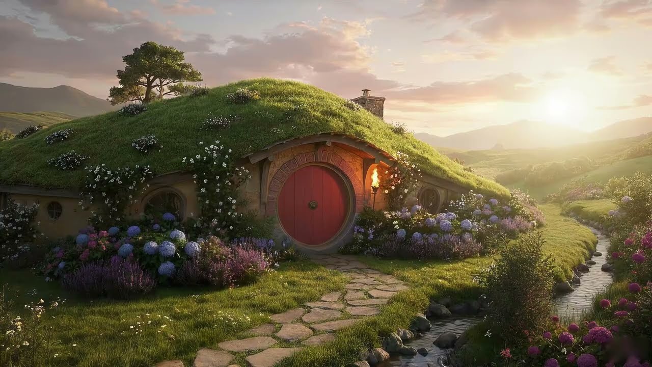 4k Sunrise at Hobbit Village | Relaxing Ambient Music – A Homage to Lord of the Rings