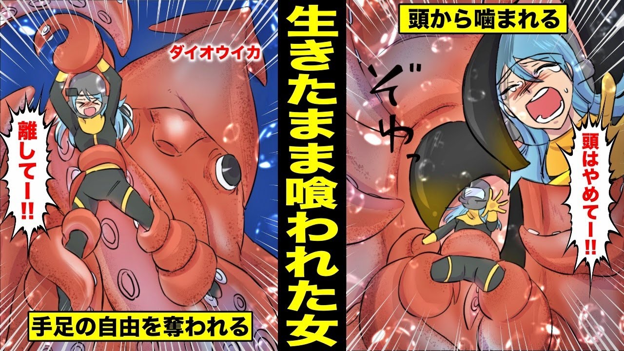 【漫画】ダイオウイカに生きたまま喰われるとどうなるのか？ダイオウイカの締め付け具合と噛む力を測定する調査に参加して頭から喰われてしまった女の末路・・・