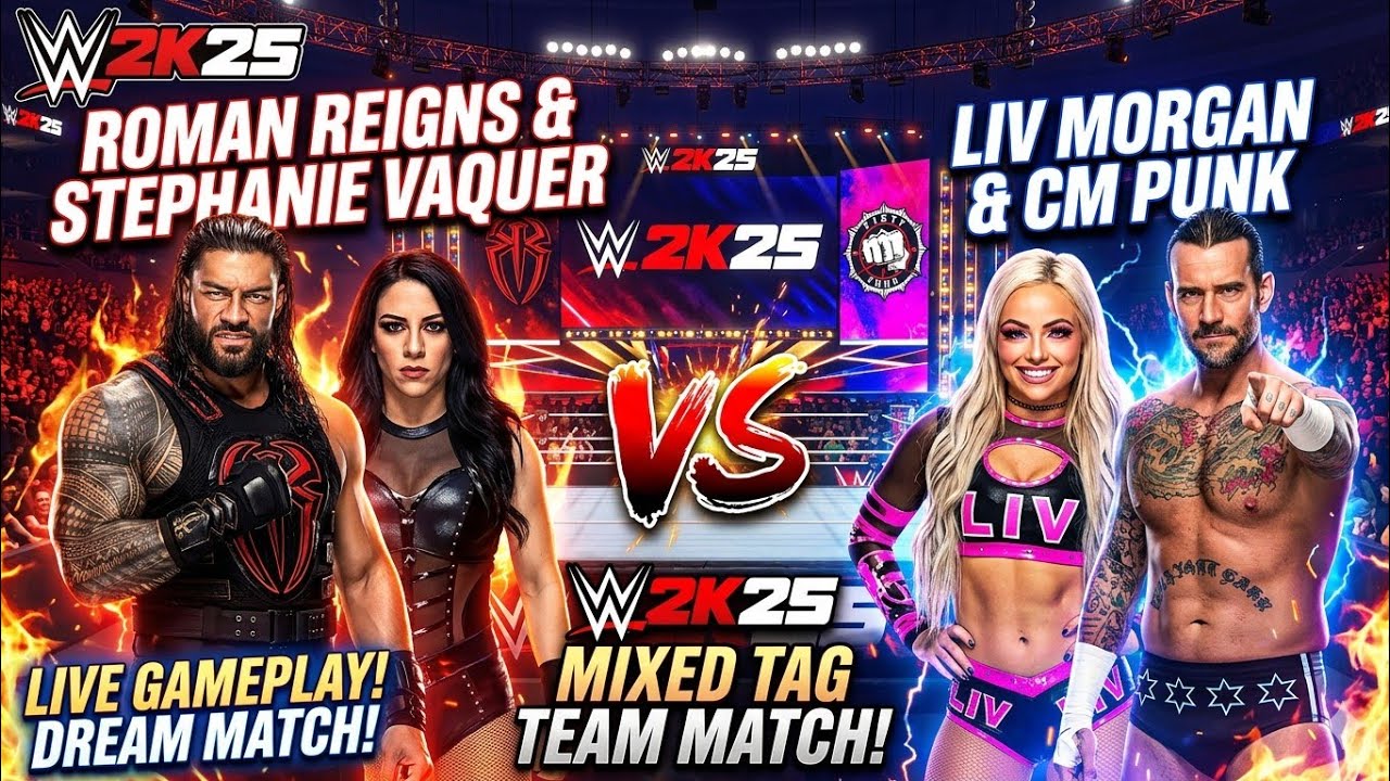 WWE 2K25 Roman Reigns & Stephanie Vaquer Vs Liv Morgan & Cm Punk Match 