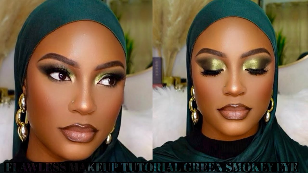 START TO FINISH FULL GLAM MAKEUP TUTORIAL || GREEN SMOKEY EYESHADOW +  GLOSSY NUDE LIP COMBO #woc
