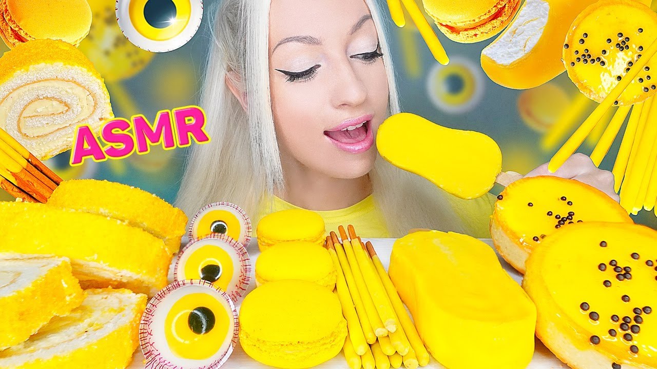 ASMR EATING YELLOW FOOD, ICE CREAM, TROLLI JELLY EYES, CAKE, POCKY, 컬러 먹방 (MACAROONS) MUKBANG 먹방