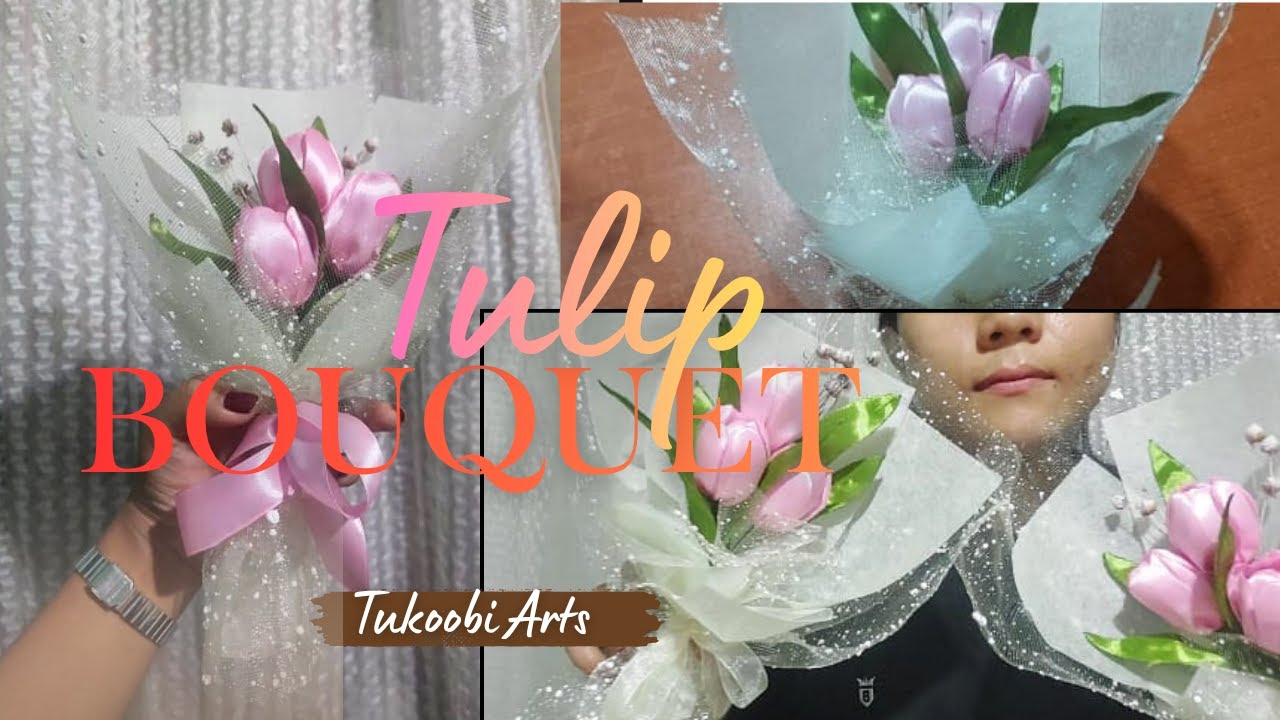 How to make tulip🌷 bouquet with ribbon 🎀 