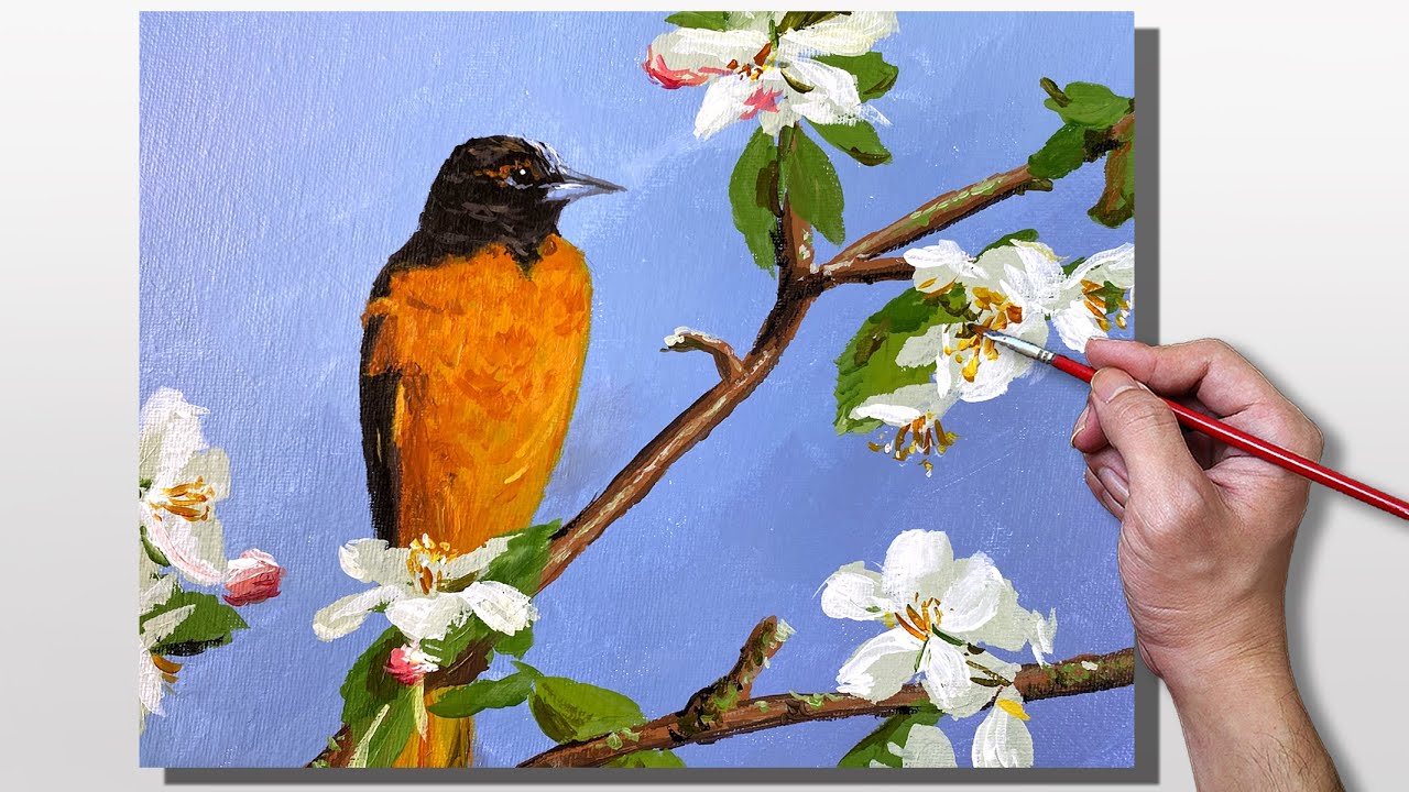 Acrylic Painting Bird on Flowering Tree