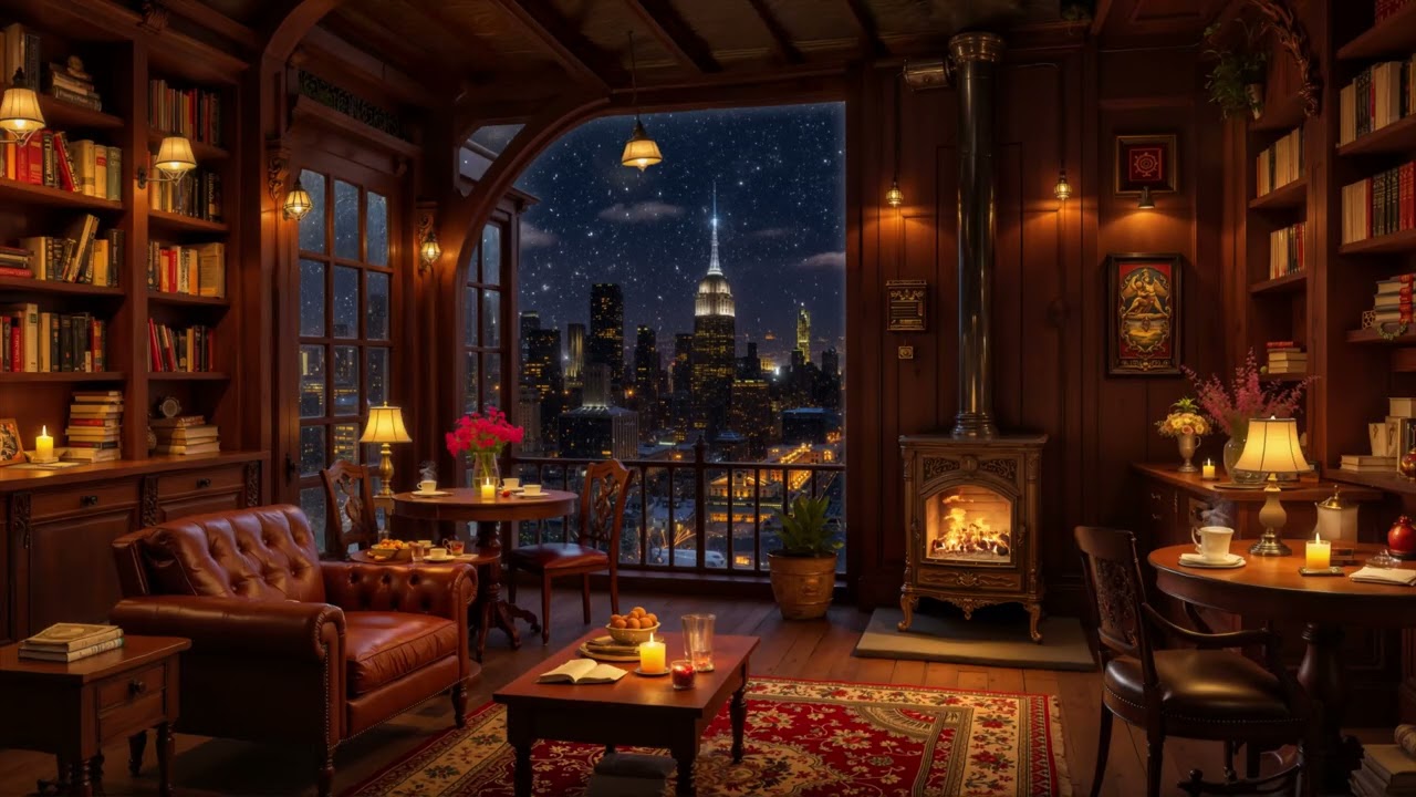 Winter Night Jazz Melody ☕ New York Coffee Shop Ambience & Warm Fireplace Sounds for Study, Work