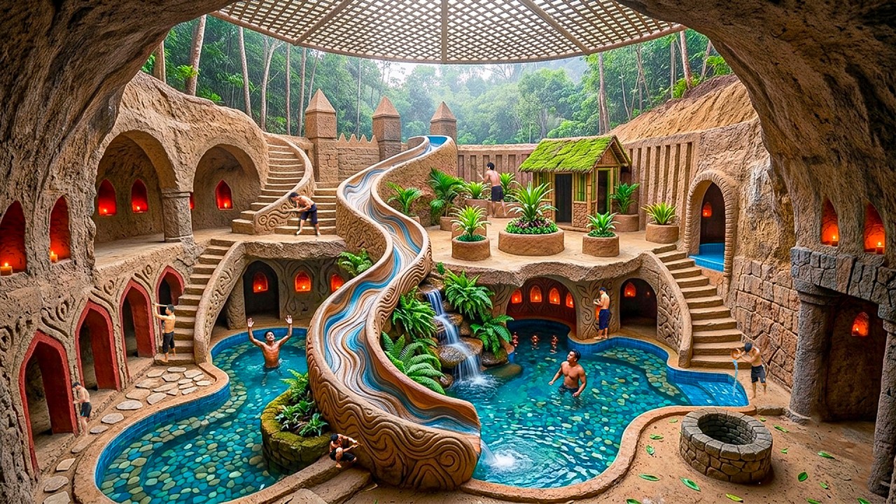 210 Days Building 2-Story Carved Clay Cave House with Curved Slide & River Pool Using Primitive Tool