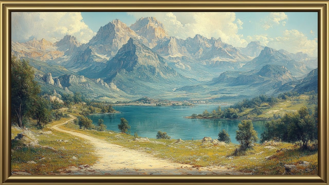 Vintage Beautiful Mountain Landscape Painting | Gold Frame TV Art | Art Screensaver for TV 4 Hrs 4K