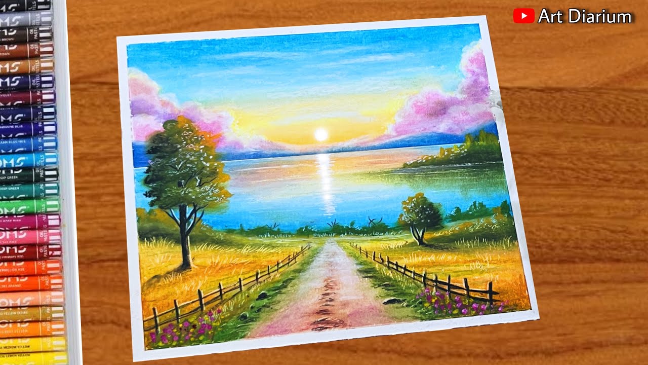 Lakeside Landscape Drawing with Oil Pastel | Step-by-Step