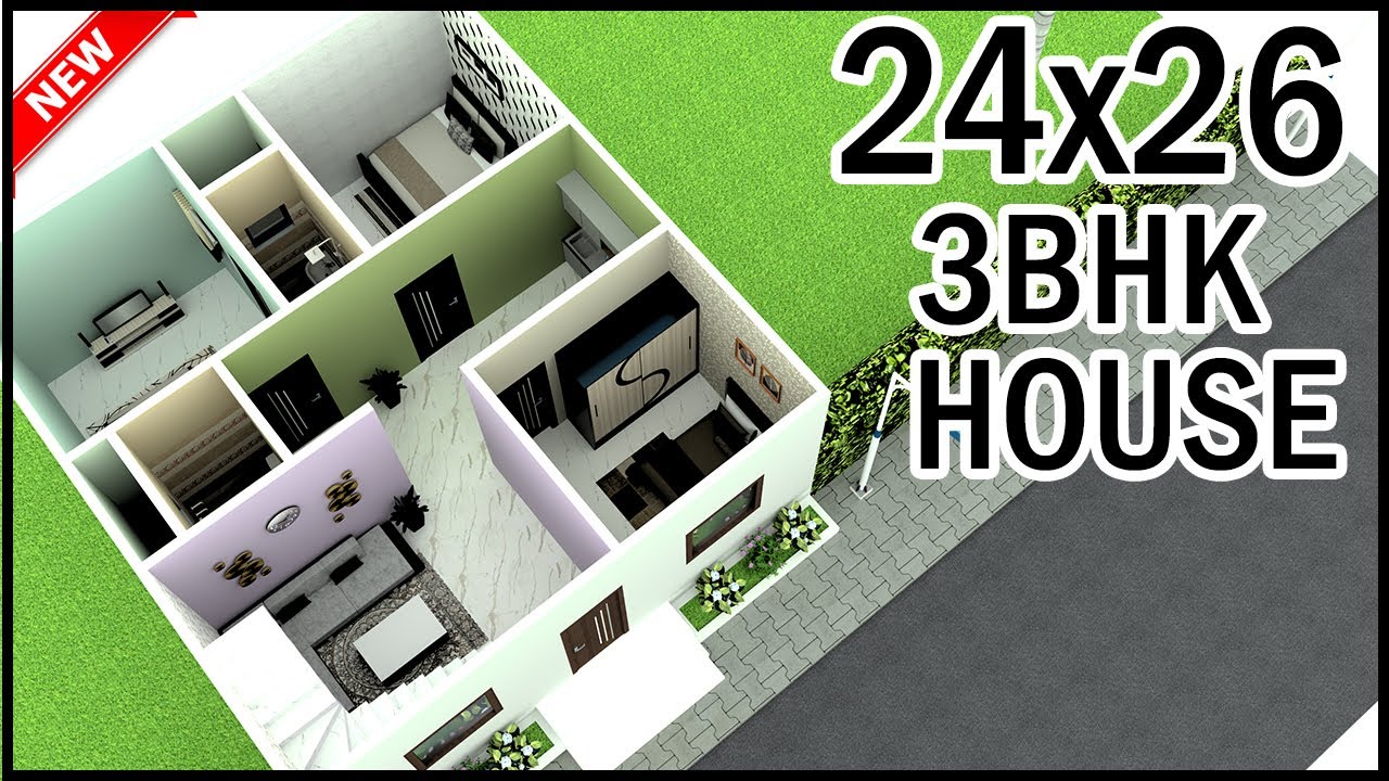 24'-0"x26'-0" 3D House Plan | 24x26 3BHK House Map | Gopal Architecture