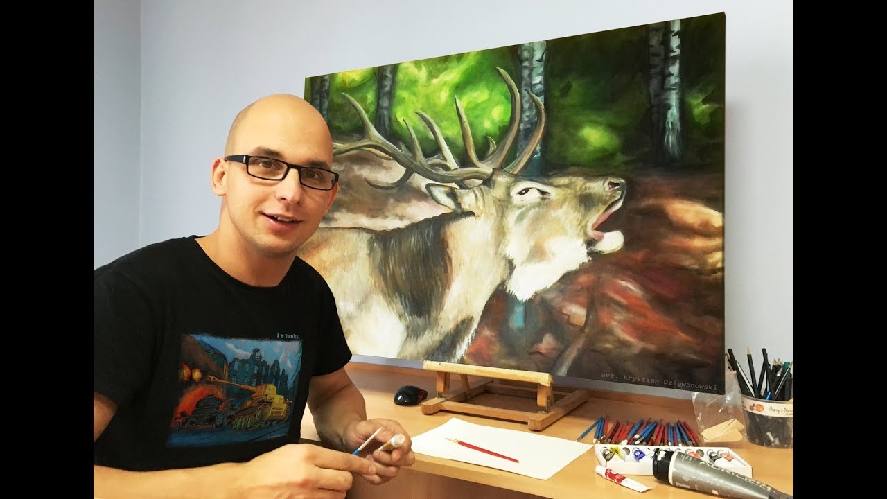 Maluje obraz Jeleń na rykowisku