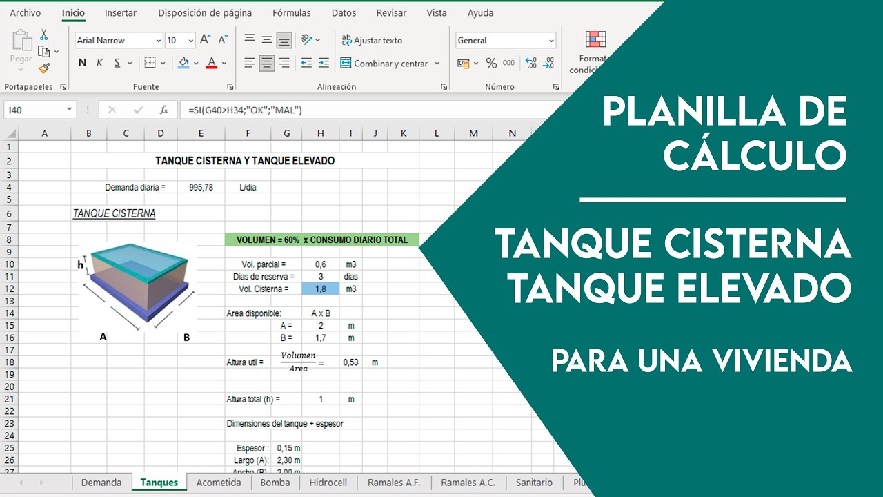 PLANILLA DE CÁLCULO - Tanque Cisterna y Tanque Elevado para viviendas #revit #autocad #excel