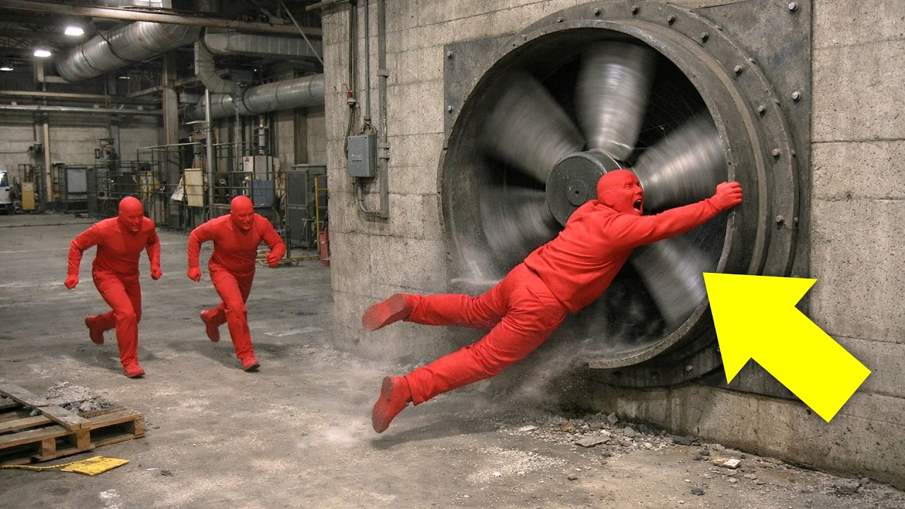 Worker Pulled by a Giant Ventilation Fan