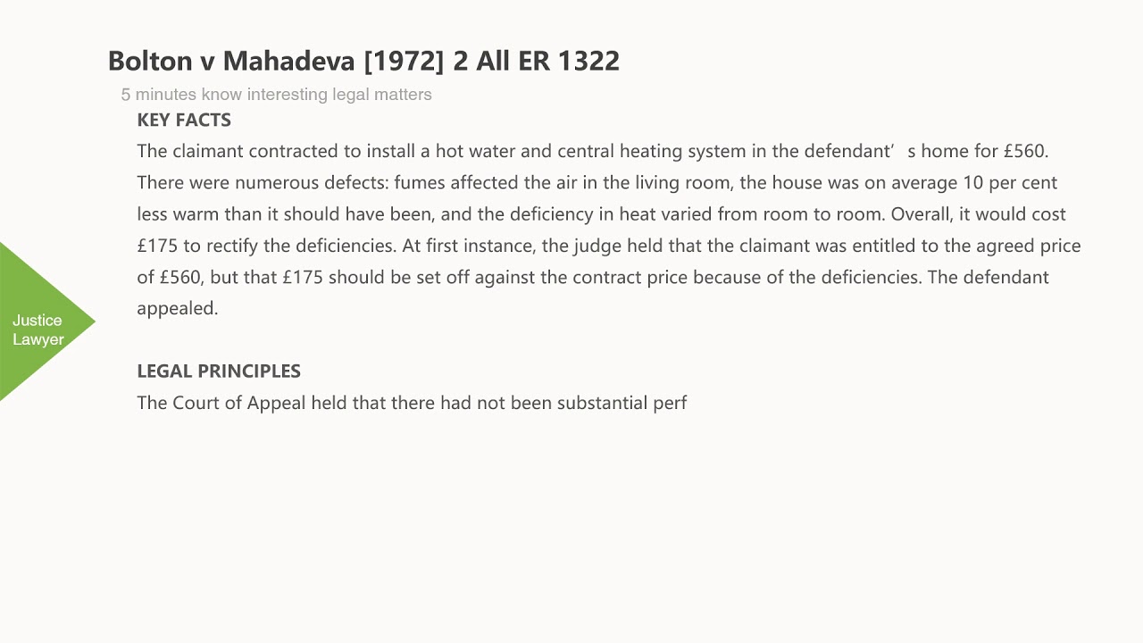 [Case Law Contract] ['substantial performance'] Bolton v Mahadeva [1972] 2 All ER 1322
