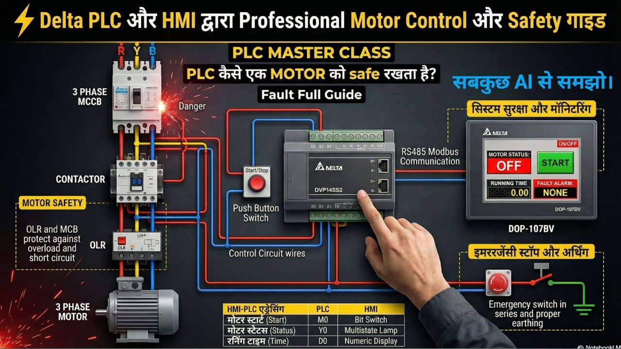 PLC DOL Ladder Logic with HMI Programming | RS485 Modbus Communication Full Wiring Explained