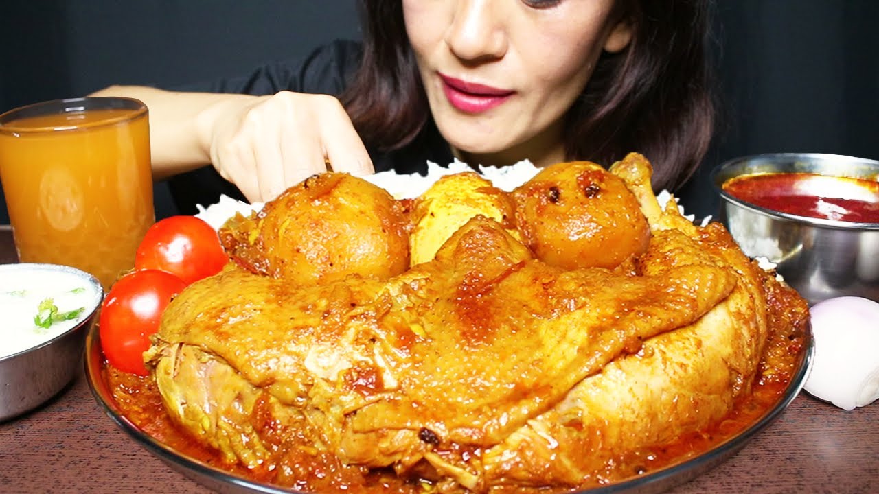Spicy Chicken Curry and Extra Gravy with Basmati Rice #ASMR/EATING SHOW BIG BITES MUKBANG