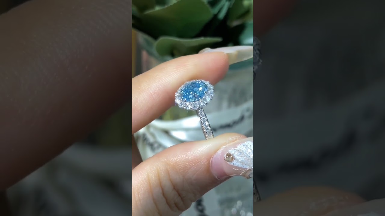 14k blue cluster setting oval cut lab grown diamond engagement ring