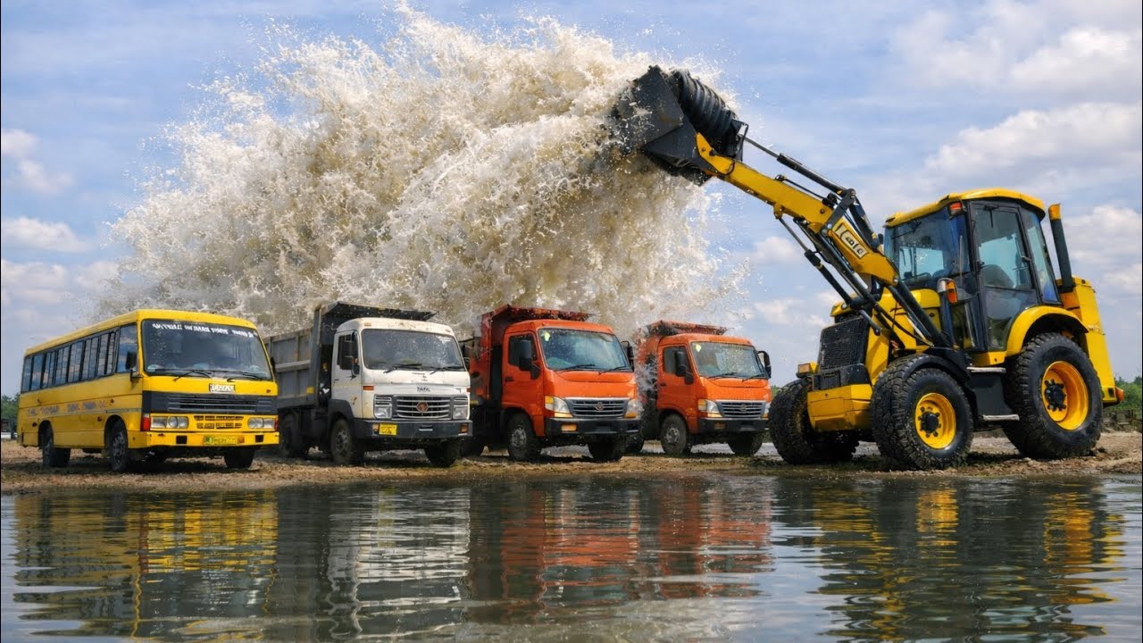 Washing with Fun JCB 3dx Eco | School Bus Mini Truck and Tata Truck Washing Village Pond in Holi 