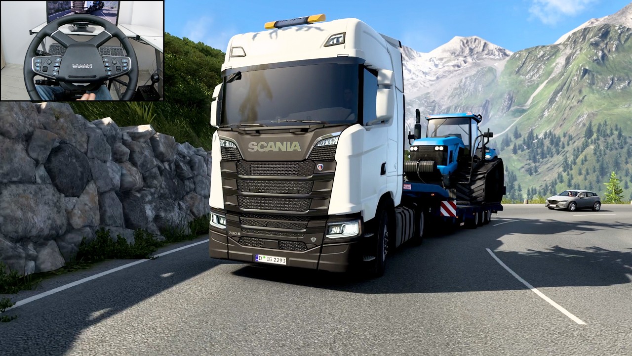 Scenic drive through Alps, V8 Scania | Euro Truck Simulator 2 | Steering wheel gameplay