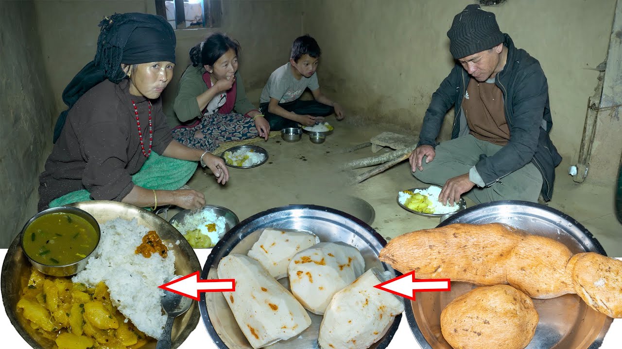 Squash Roots recipe with rice Cooking & Eating in village kitchen | Veg dinner | Nepali Village vlog