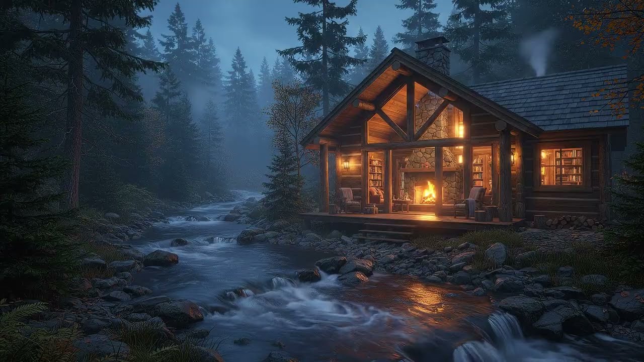 Riverside Cabin at Night 🌙 Fireplace, River Ambience & Forest Calm