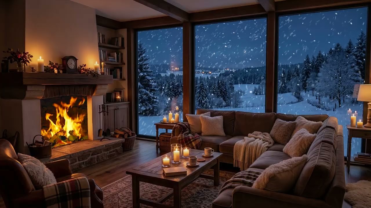 Peaceful Winter Snowstorm in a Silent Forest Cabin, Soft Firelight and Endless Falling Snow