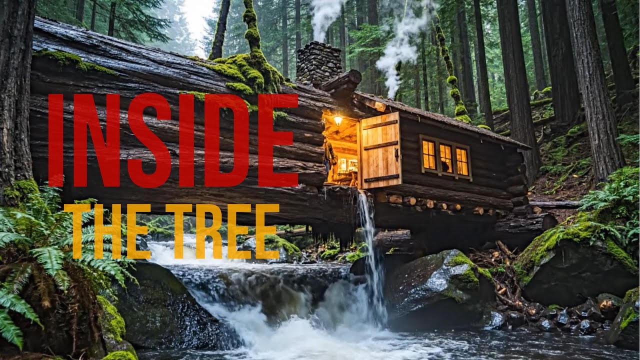 I Built a Secret Tree Trunk House Over a Waterfall | ASMR