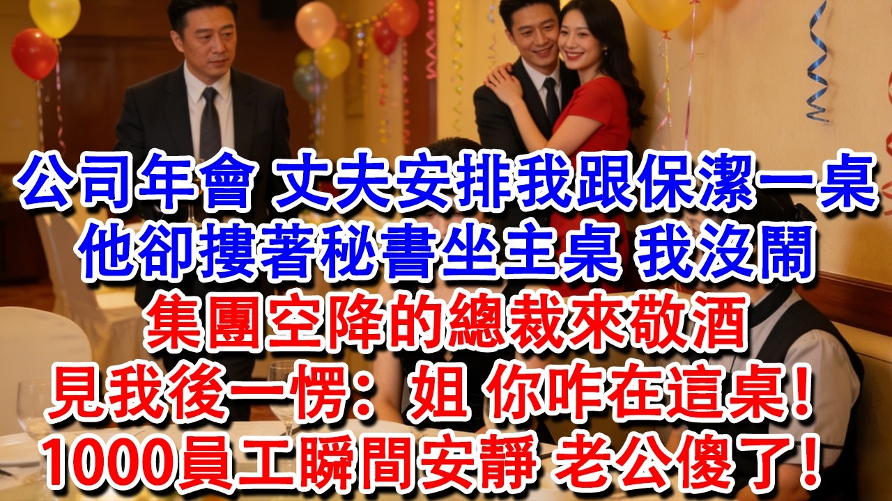 【完結爽文】公司年会上，丈夫安排我跟保洁坐一桌，他却搂着秘书坐主桌，我没闹，集团空降的总裁来敬酒，见我后一愣：姐，你咋在这桌！全场1000员工瞬间安静，老公傻了！#婆媳 #家庭 #情感故事 #為人處世