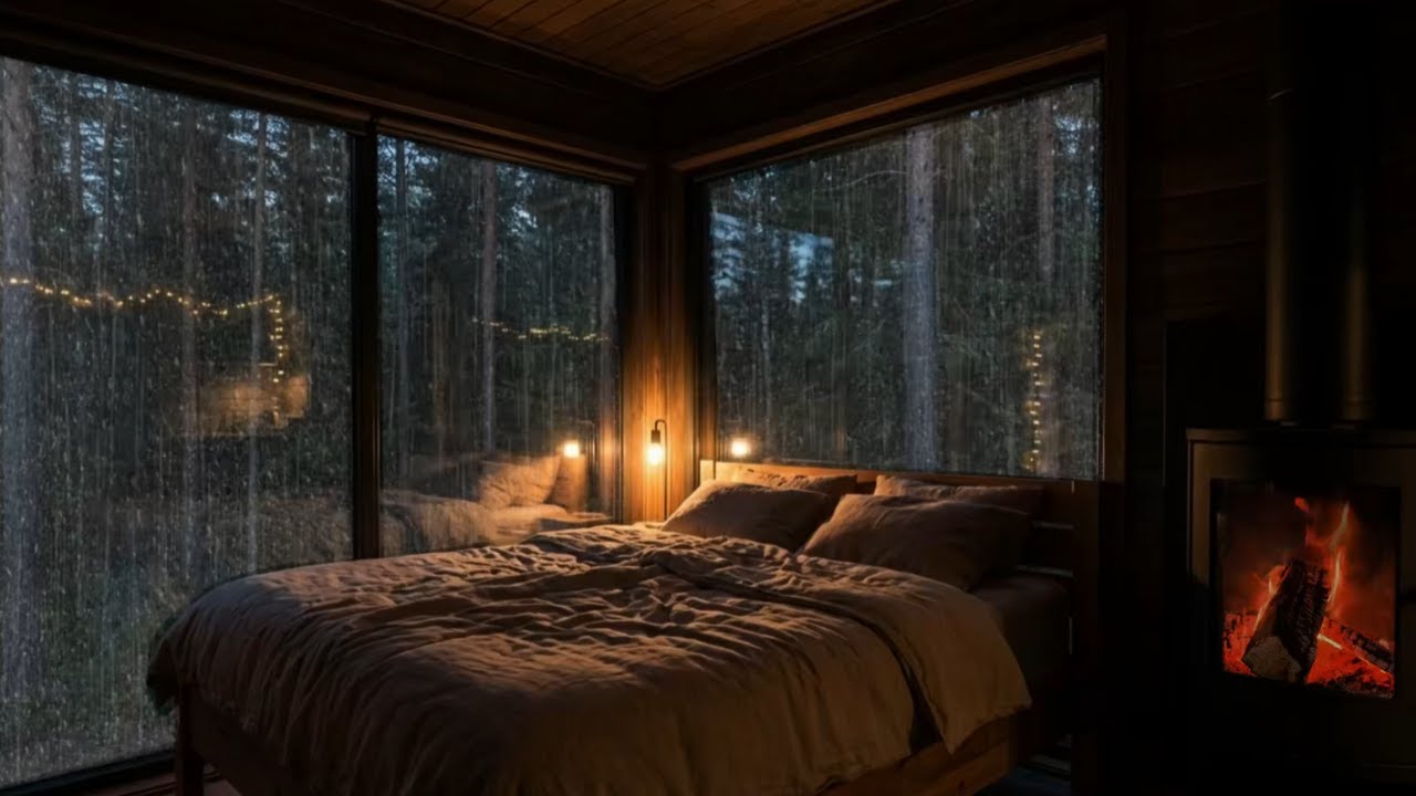Fall Asleep Instantly in a Cozy Cabin 🌧️ Fireplace & Heavy Rain Sounds for Deep Sleep