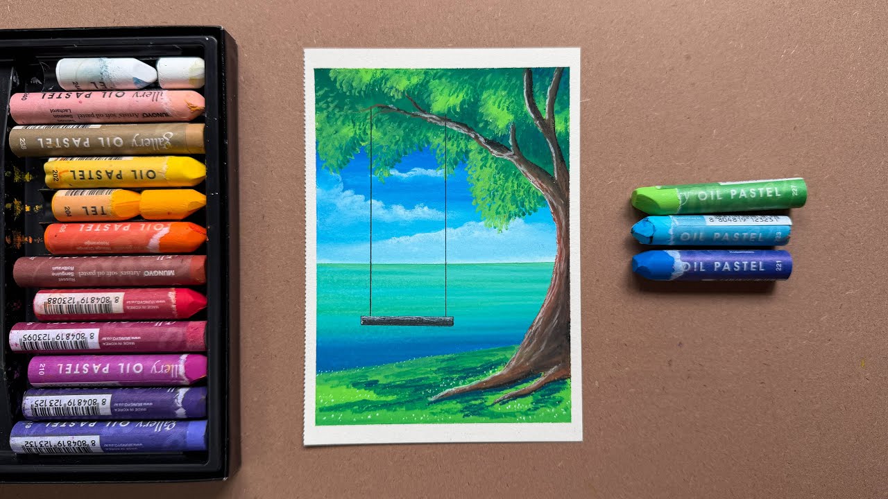 Easy Tree Swing Scenery Drawing with Oil Pastels | Beautiful Landscape Tutorial