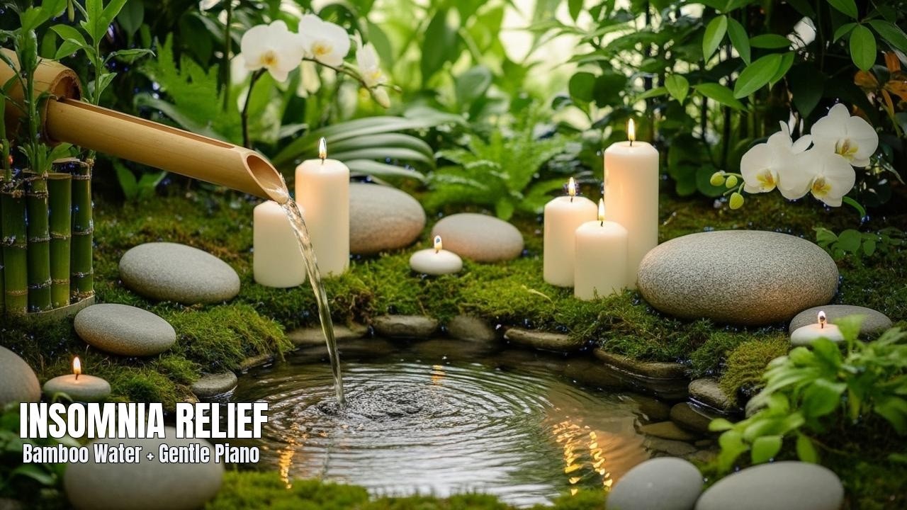Insomnia Relief: Bamboo Fountain Sounds + Gentle Piano (No Talking) • Live Soundscape