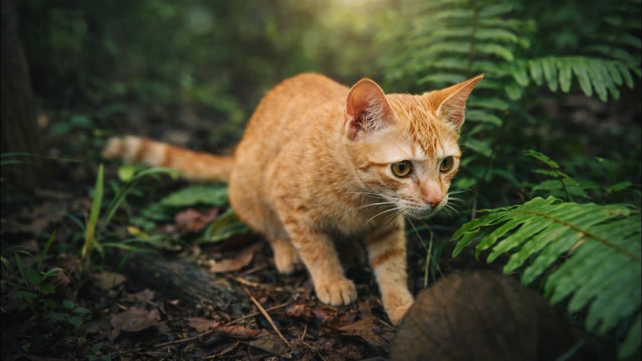 Curious Orange Cat Stalks the Wild Jungle Floor on a Silent Hunting Adventure