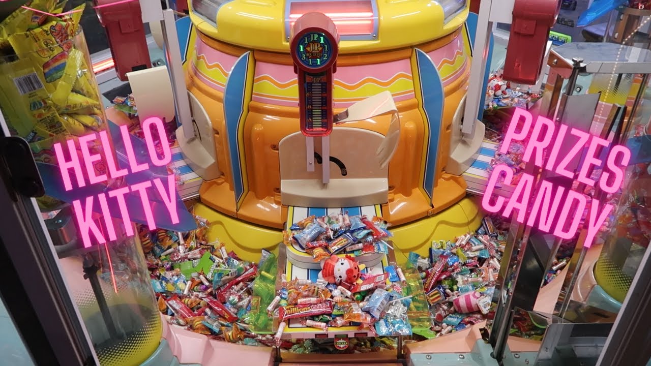HELLO KITTY and a Candy Pusher JACKPOT - BIG SWEET LAND - Arcade Game - PRIZES, LOLLIES