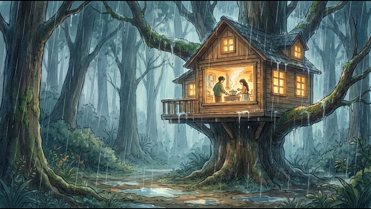 Rain sounds in our cozy tree house 🌧️ crafting a warm lamp & cooking soup | Ghibli-Style ASMR