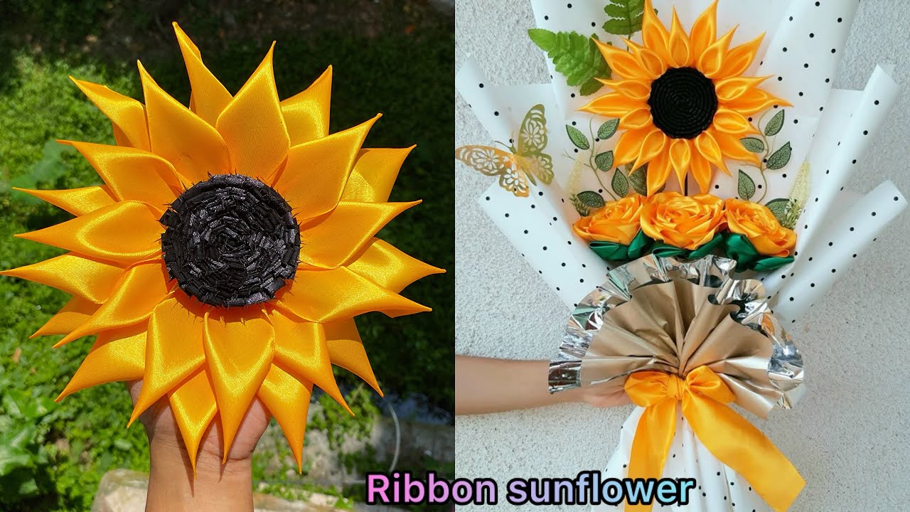 Diy Ribbon sunflower tutorial🌻ফিতা দিয়ে সূর্যমুখী ফুল বানালাম🌻Ribbon sunflower making tutorial 