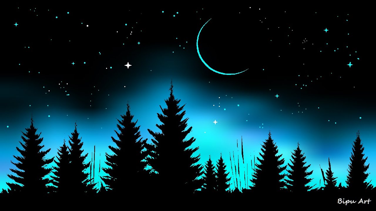 Night Sky Scenery Drawing on Ms Paint | Ms Paint Drawing | paint in computer|How to draw in Ms Paint