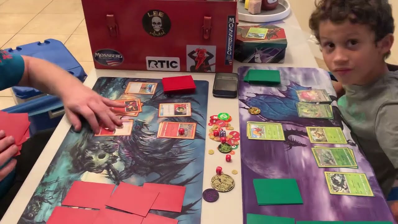 Leo’s first Pokémon battle!!! Grass vs Fire deck
