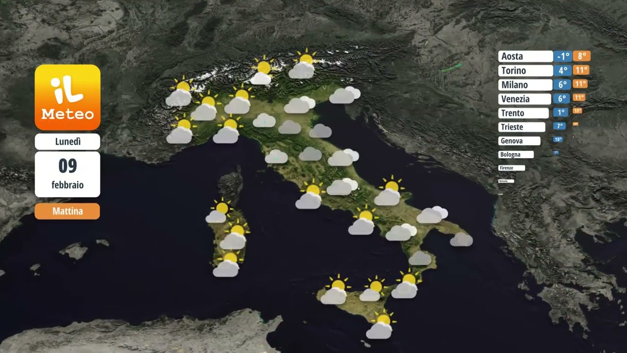 Domenica 08 febbraio 2026 Previsioni meteo Italia di domani