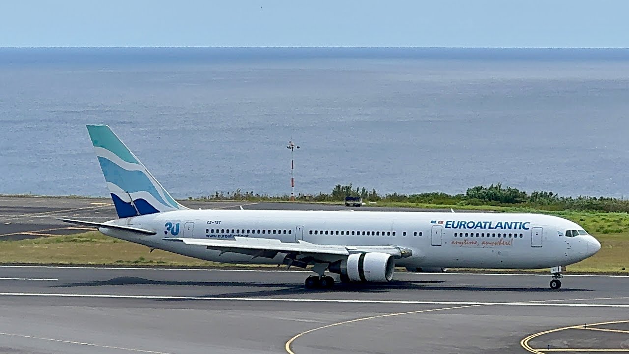 Landing Boeing 767-34P(ER) EuroAtlantic rare in Ponta Delgada PDL, Sao Miguel Azores PT - 11.08.2025