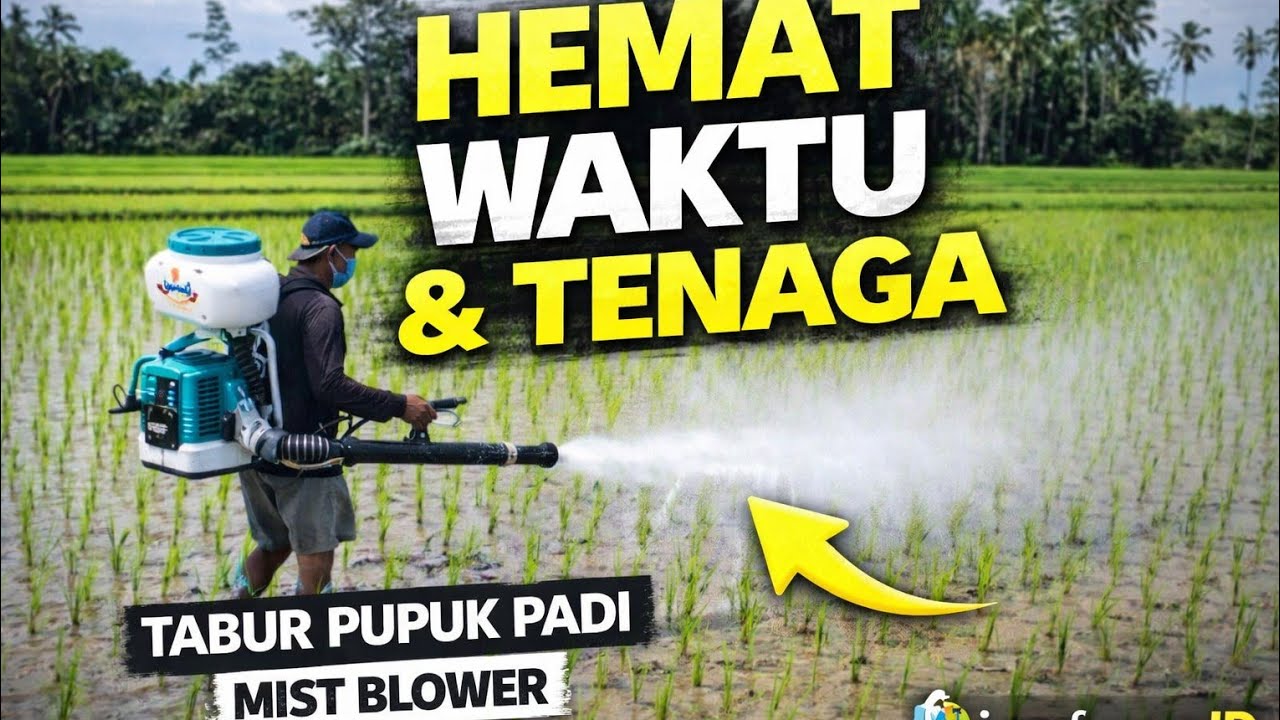 Proses penaburan pupuk padi menggunakan mesin mist blower. 