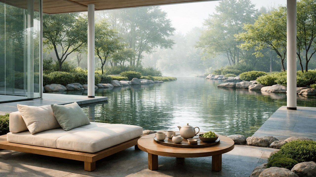 🌿 Zen Waterside Morning Jazz ☁️ Misty Garden View & Soft Ambient Jazz for Clarity and Calm
