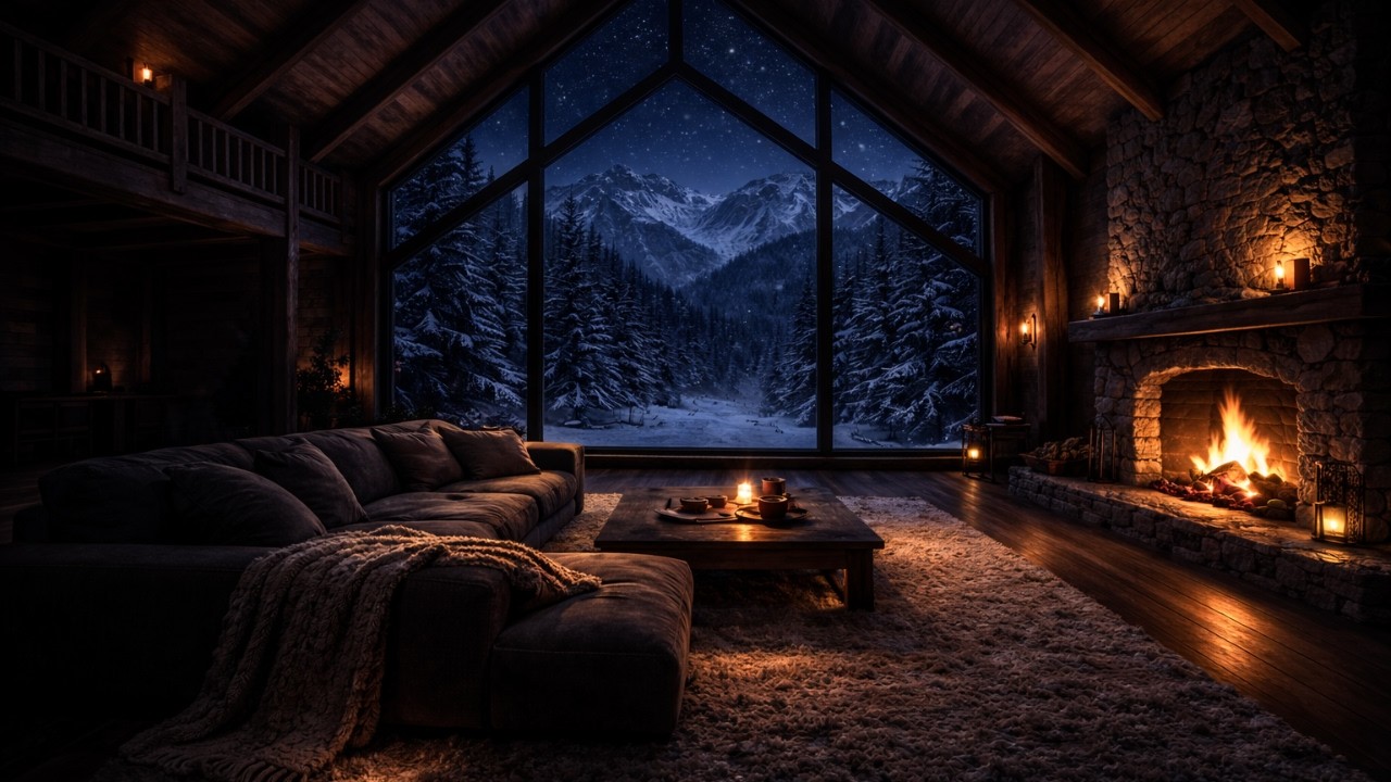Cozy Mountain Cabin in a Blizzard • Gentle Fire Sounds & Snowfall for Sleep