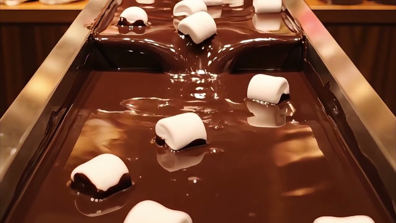🍫 8-Hour 4K Chocolate Waterfall with Marshmallows Flowing – Relaxing ASMR Ambience