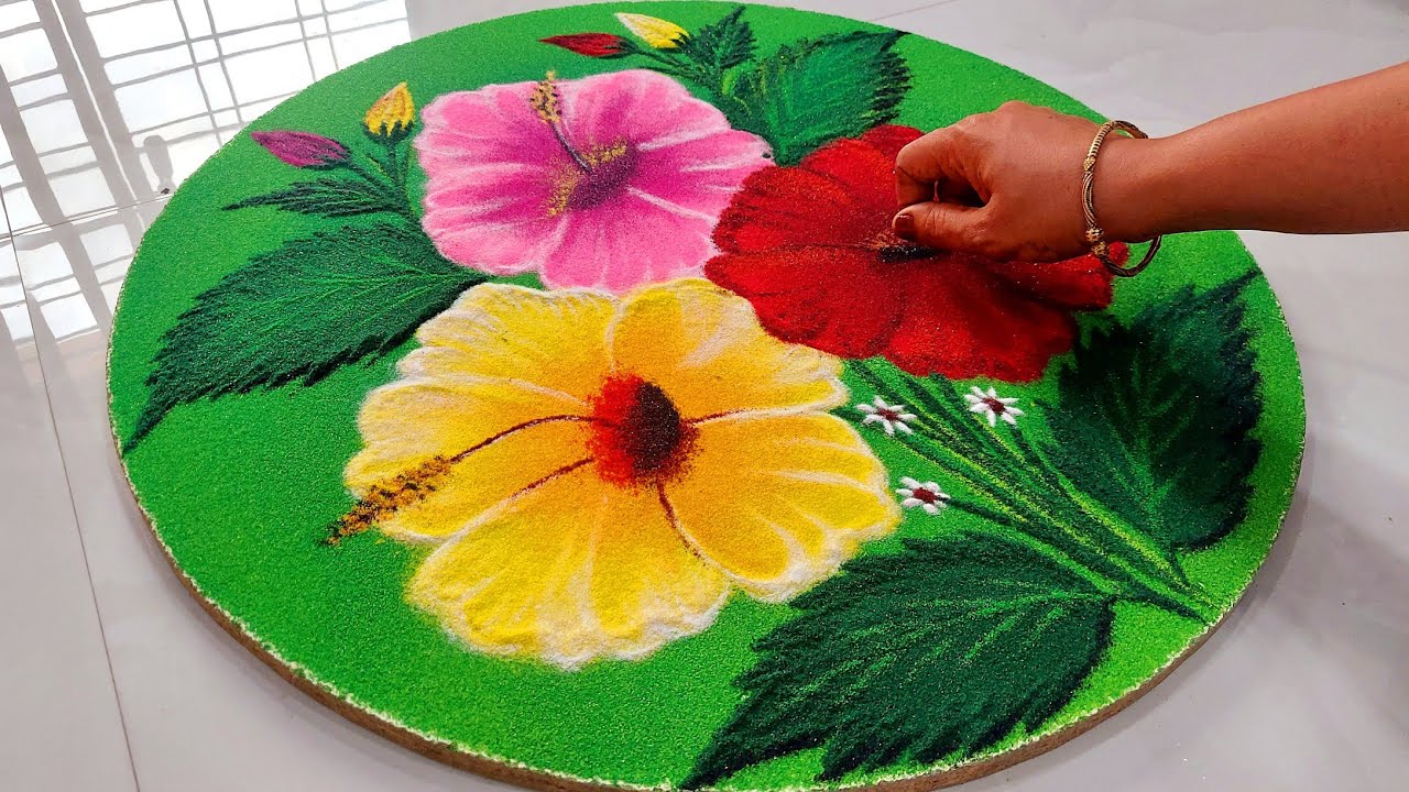 Colourful Flower Poster Rangoli For Diwali | जास्वंद च्या फुलांची रांगोळी | 3D Rangoli Competition