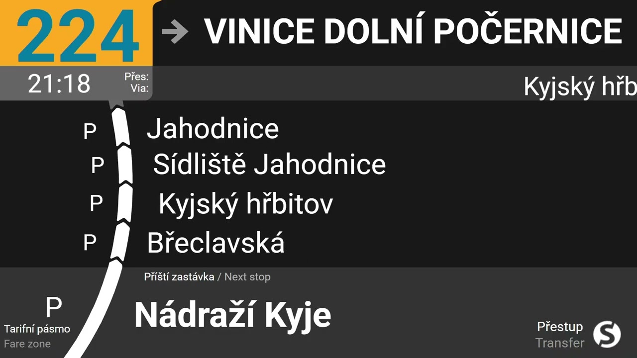 Hlášení linky 224 na Vinici v Dolních Počernicích a zpět na Ve Žlíbku.