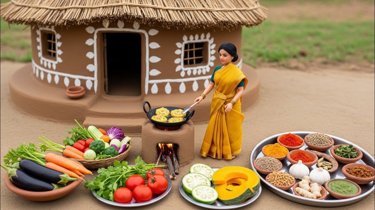 Tiny Doll Village Life in Mud House | Outdoor Cooking Routine | Miniature Rural Couple Daily Life