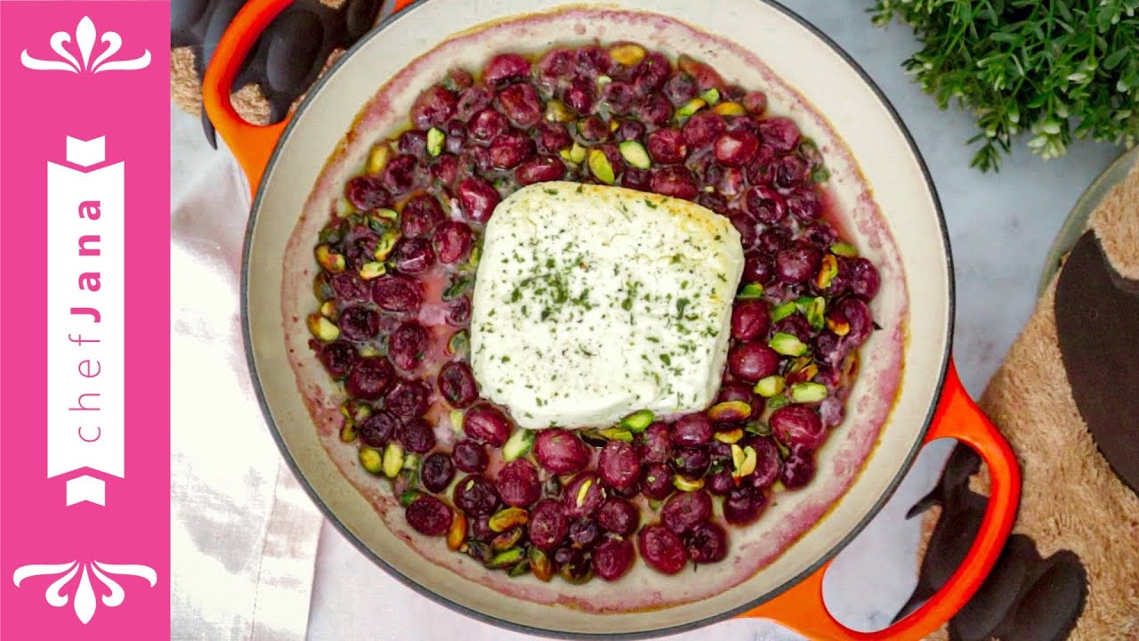 Roasted red grapes and vegan feta cheese