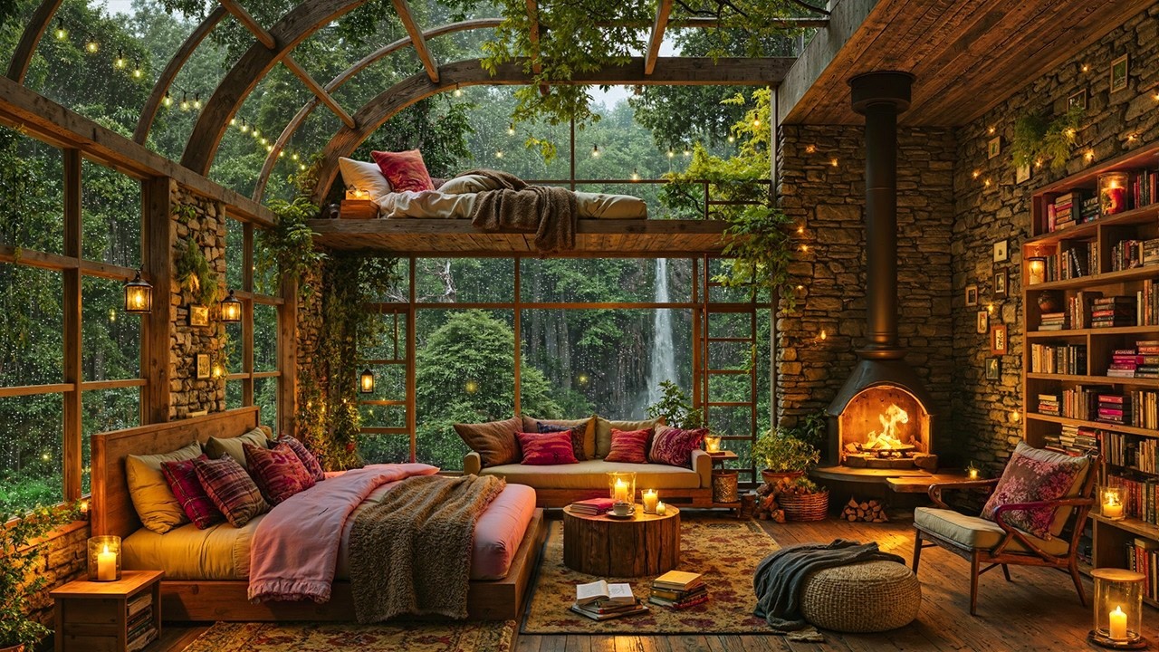 Cozy Forest Cabin with Rainy Spring Ambience | Soft Fireplace Jazz Mood to Unwind