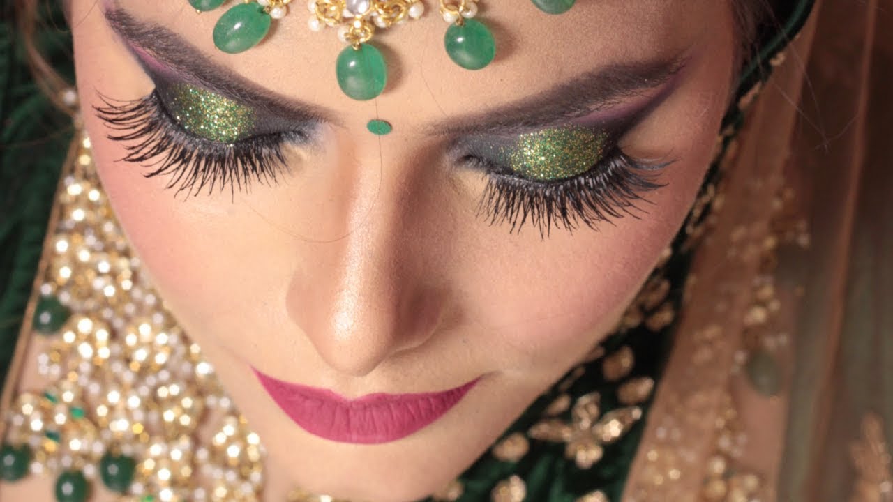 Bridal Makeup Tutorial (Step by Step ) Green Glitter Eyes