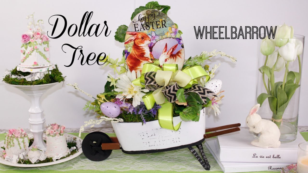 DOLLAR TREE WHEELBARROW DIY GARDEN PLANTER DECOR 🌷SPRING EASTER FLORAL DECOR CRAFT TUTORIAL