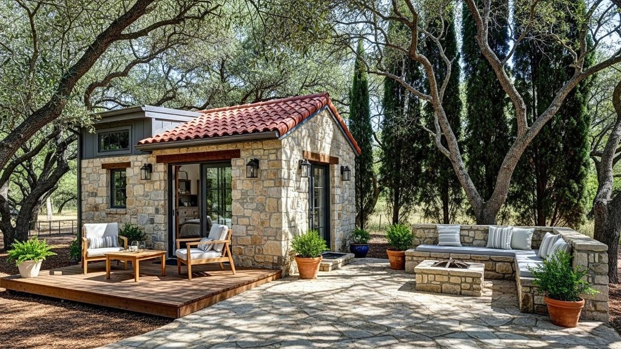 Cozy Tiny House Patio With Warm Wooden Pergola And Relaxing Outdoor Seating Area